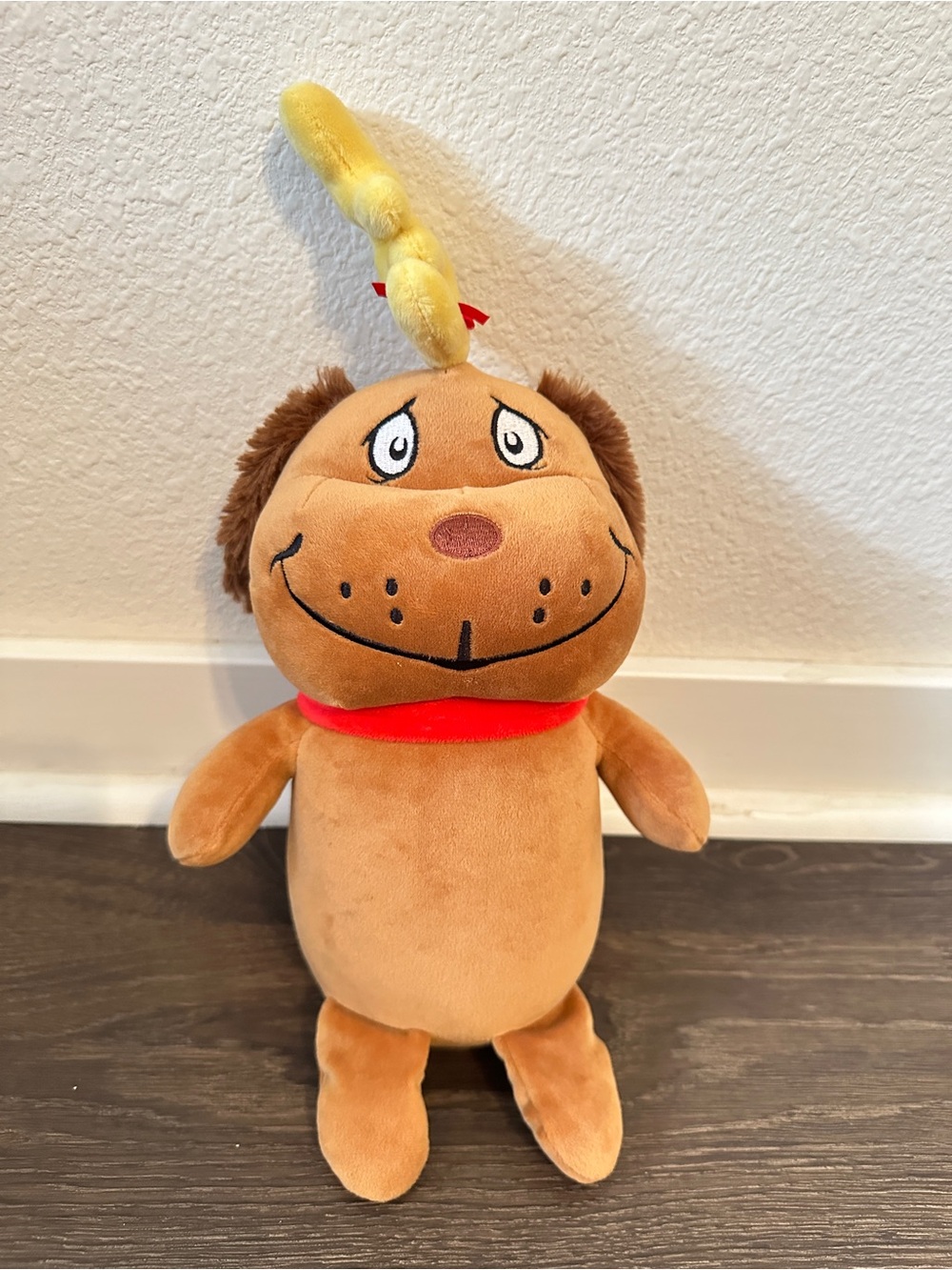 Soft Brown Dog Plush Toy with Red Collar and Yellow Tag